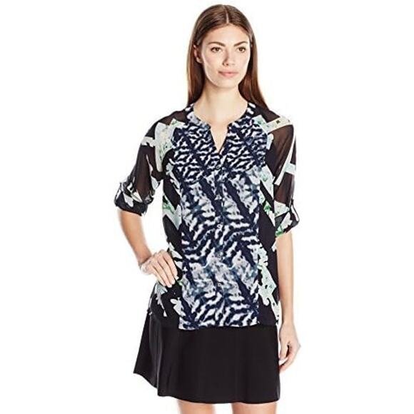Calvin Klein Mixed Print Roll Sleeve Blouse Womens Size XL Career Office Top - Picture 3 of 12